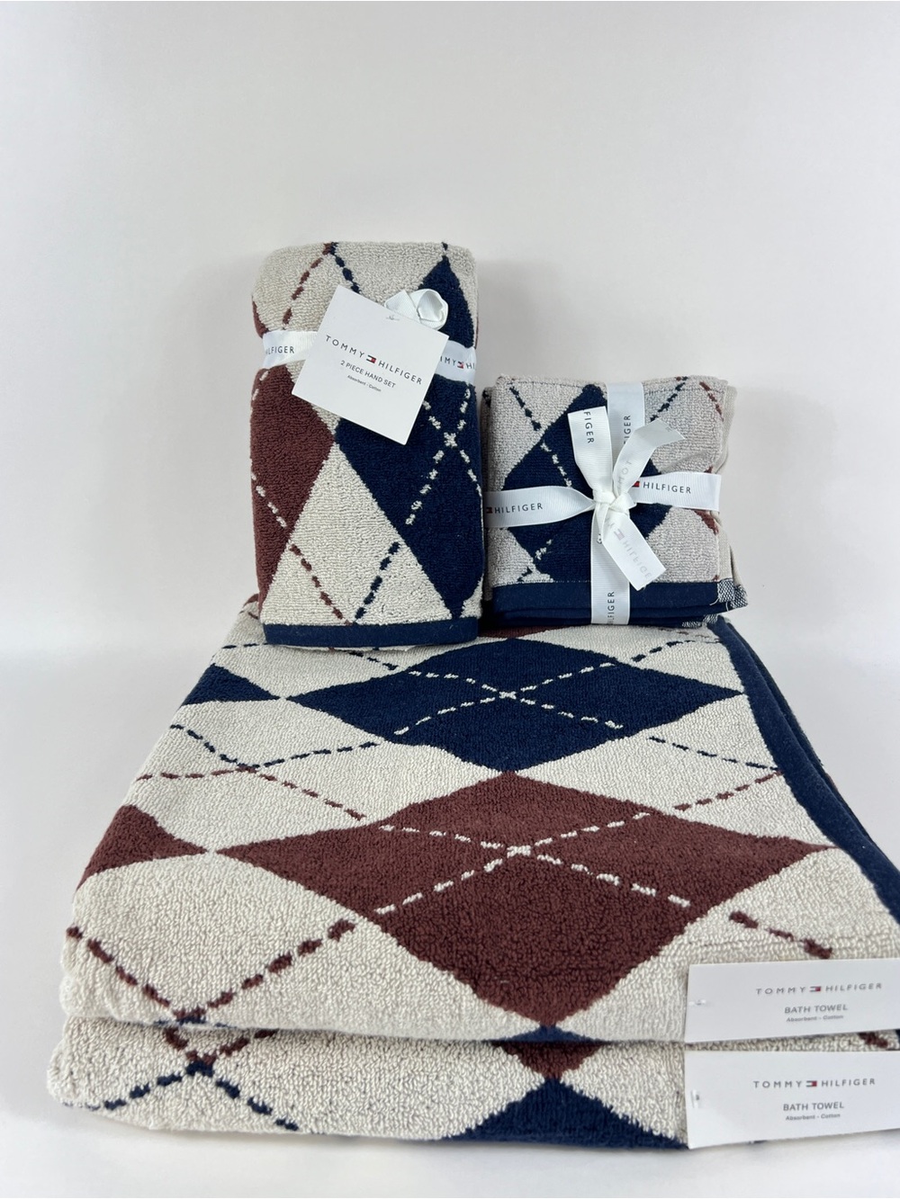 Tommy Hilfiger 8 Pc Bath Towel Set Cream Navy Brown Argyle 100% Cotton NEW